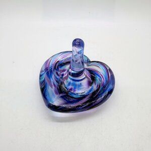 Purple Blue Swirl Glass Eye Studio Hand-Blown Glass Heart Ring Holder Seattle 3"